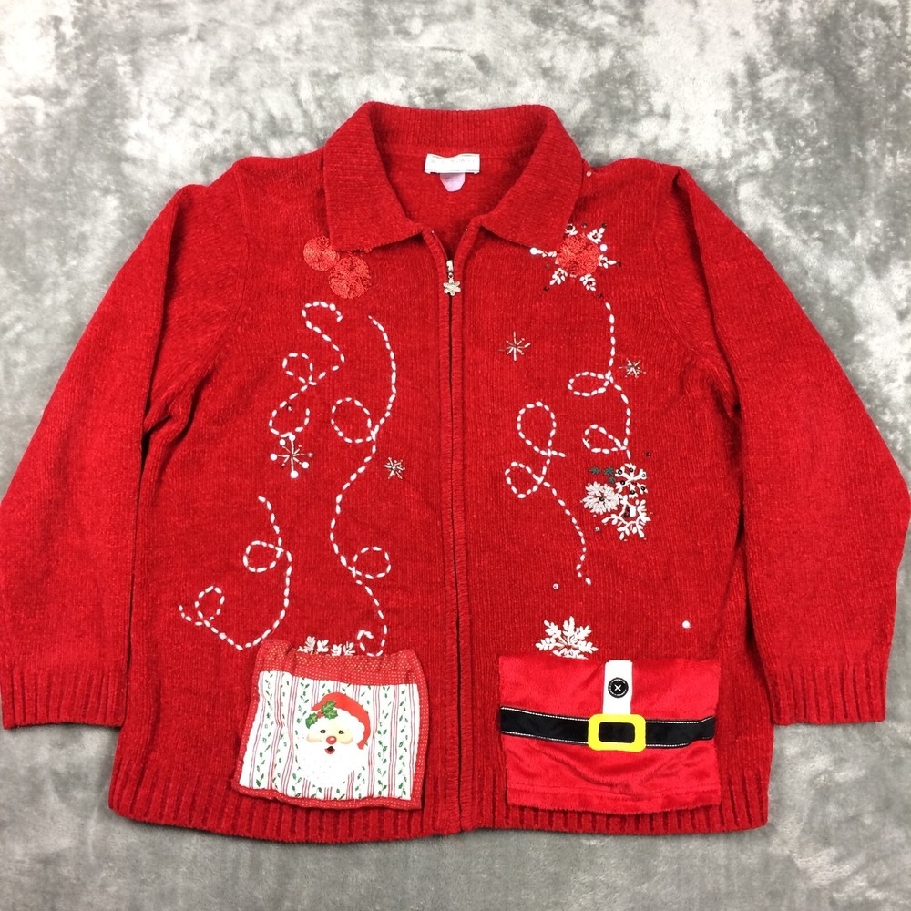 Allison‎ Daley Christmas Sweater Womens 2X Chenille Holidays Red Zip Cardigan